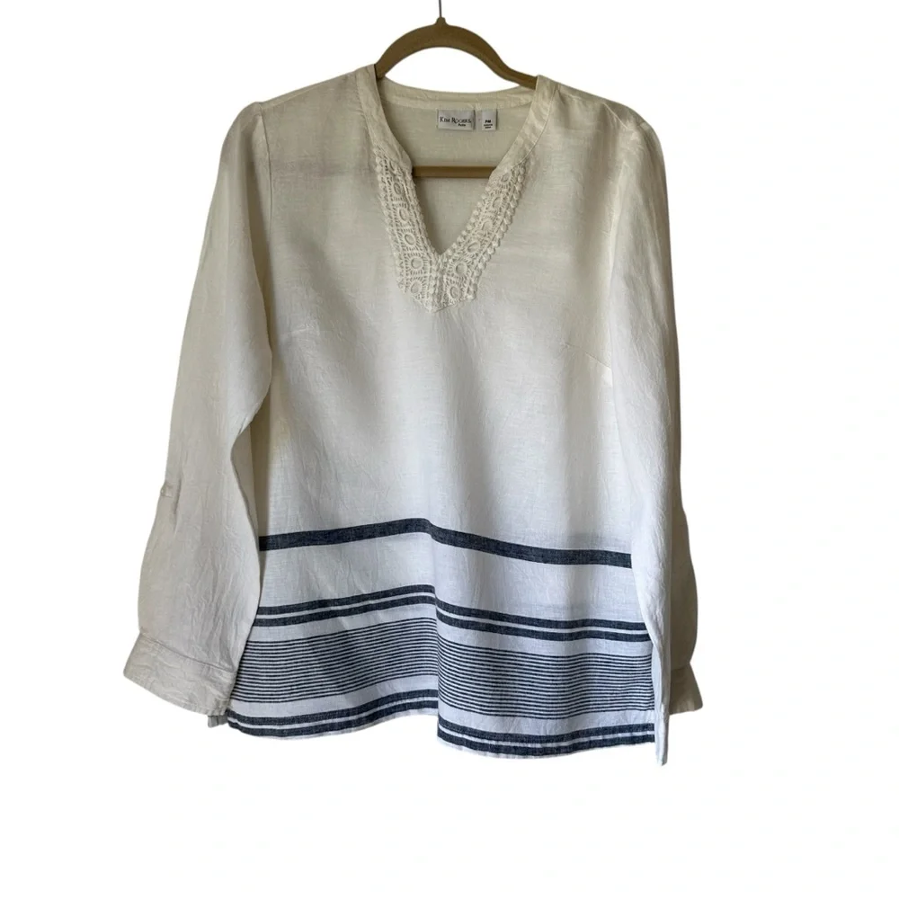 Kim Rogers Women’s Roll Tab Linen Blend Adjustable Sleeve V-Neck Beachy Top PM - Picture 4 of 8